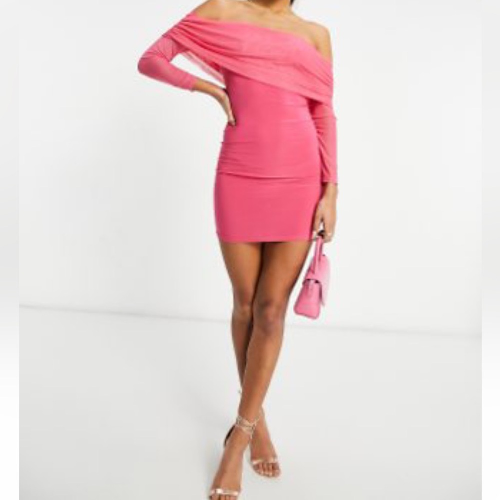Pink Club L London ruched bardot body-conscious mini dress
